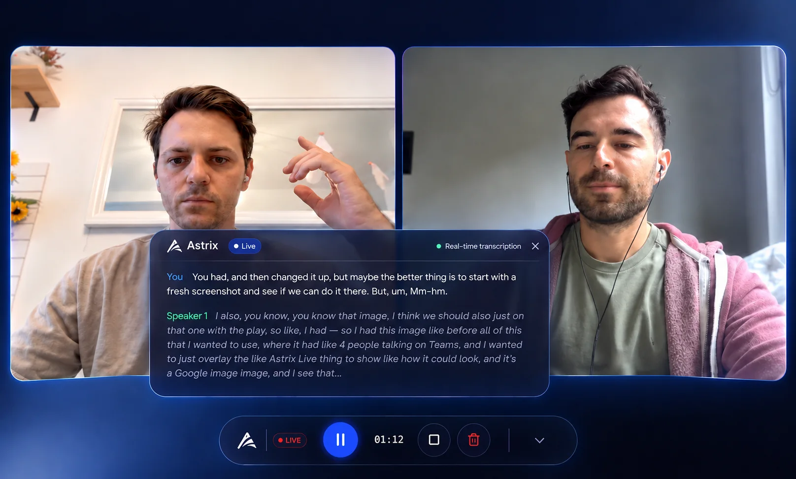 A two-person video call with Astrix Live overlaid: a real-time, speaker-labelled transcript panel and a floating recording bar