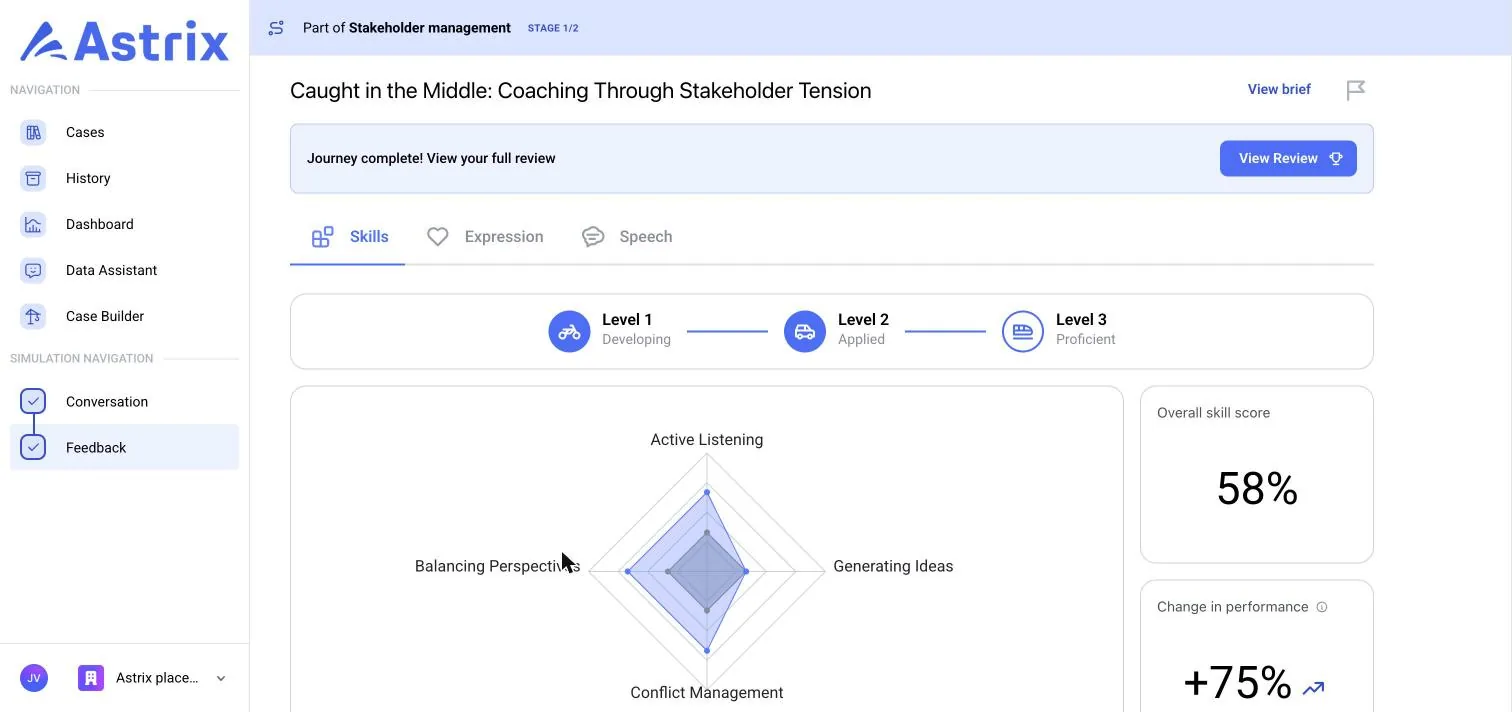 Per-simulation feedback: skills radar, level and overall score with change